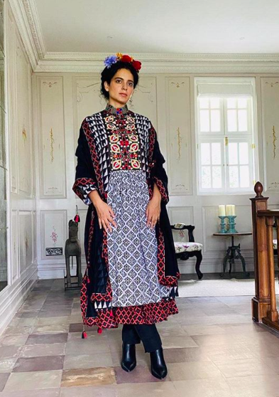 Bollywood Queen Kangana Ranaut celebrated Rakhi in her free spirited style wearing Saundh! Spotted in {@saundhindia} Saundh Uzbeki ikkat kurta, boasting of a fusion of rawness and beauty with a delightful mix of bold colours and print with gorgeous uzbek inspired embroidery. Printed kurta set in cotton viscose fabric this looks attains perfect balance with the addition of shell buttons and tassels